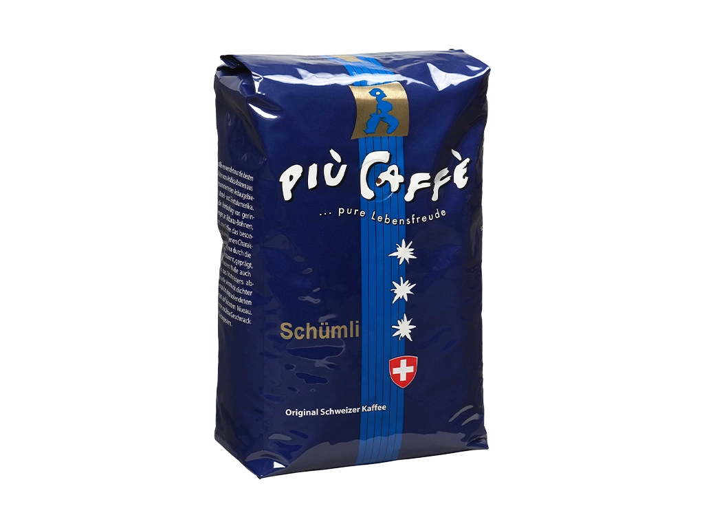 Kaffeebohnen von più caffè Creme Schümli in der blauen Packung. Klassischer Kaffee Creme.