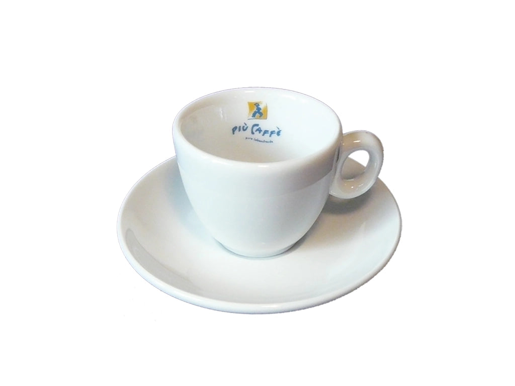 più caffè Espressotasse mit Unterteller. Logo più caffè in der Innenseite.